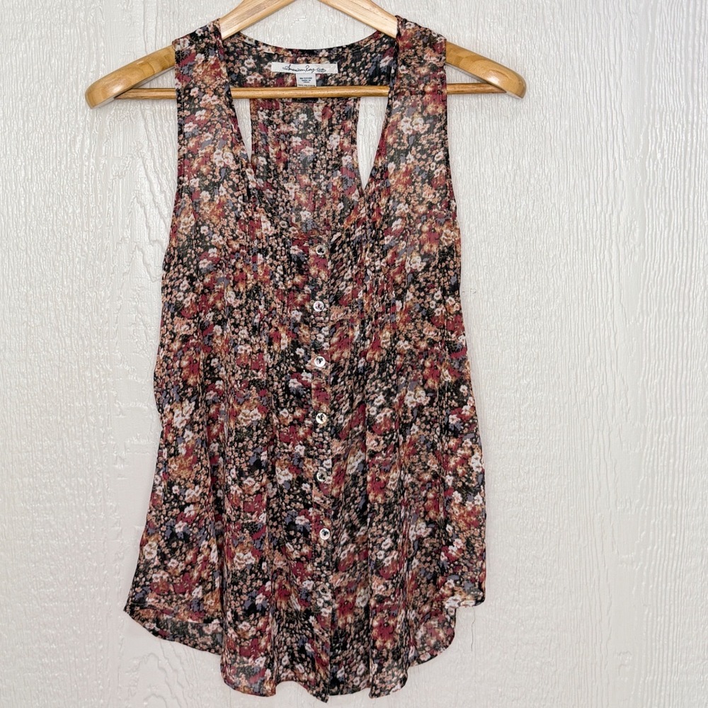 American Rag Cie Women Floral Sheer Racerback Button Front Blouse Small